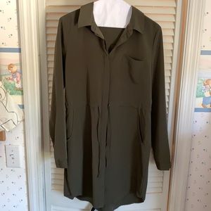 Army green long sleeve cinched at waist dress